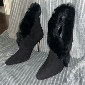 Manolo Blahnik Black Suede Fur-Trimmed Ankle Booties